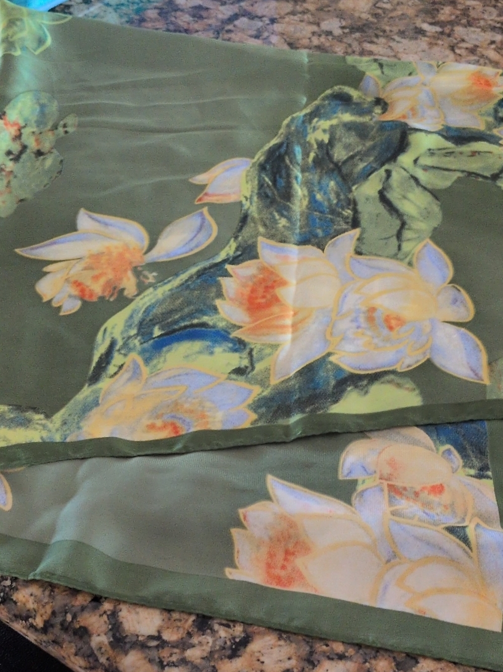 Green Floral Silk Scarf with Pastel Waterlilies